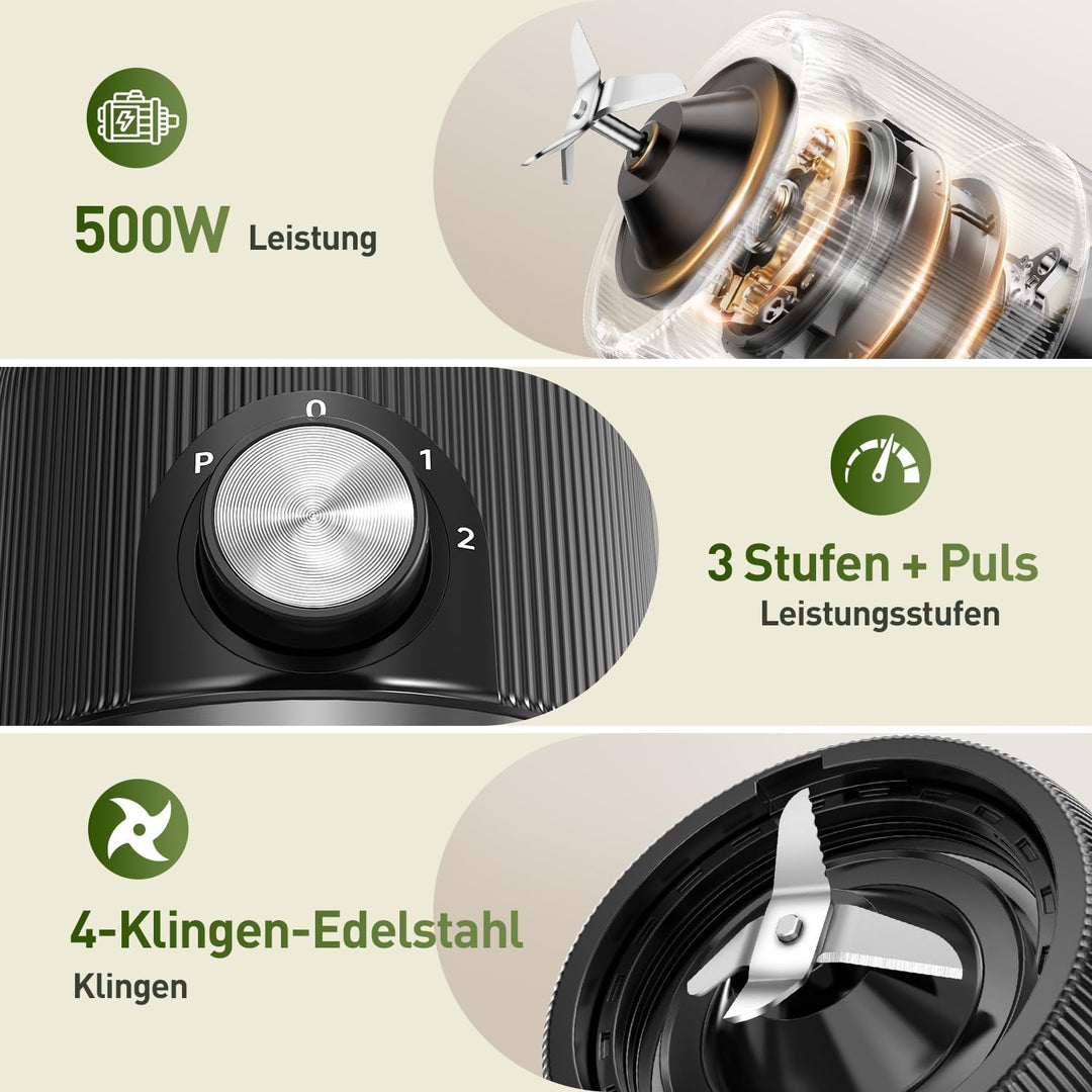 Ombrex Standmixer 500W & Smoothie Maker, Kompakter Blender für die Küche, 2 Mixbecher 750ml & 200ml,