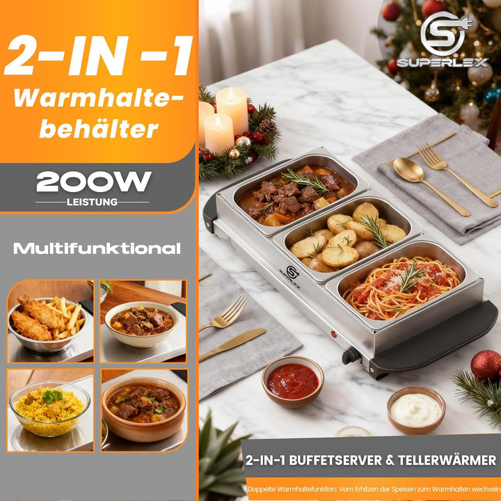 2in1 Warmhalteplatte und Buffetwärmer aus Edelstahl 200W mit 3x1,5L Speisebehältern Gleichmässige Wä