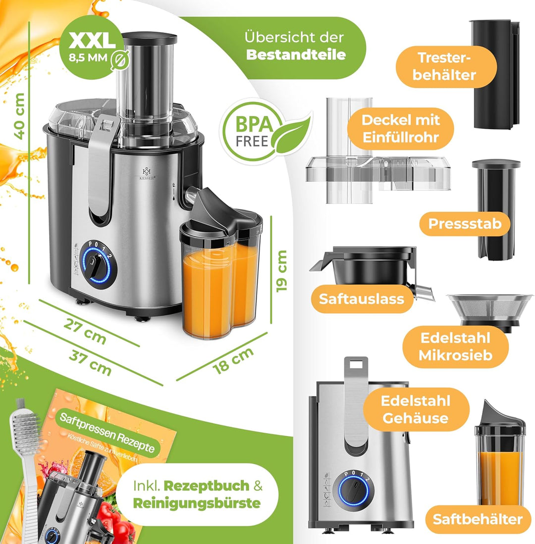 KESSER® Entsafter für Obst und Gemüse aus Edelstahl 1100W grosse 85 mm Einfüllöffnung inkl. Reinigun