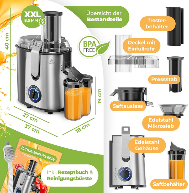 KESSER® Entsafter für Obst und Gemüse aus Edelstahl 1100W grosse 85 mm Einfüllöffnung inkl. Reinigun