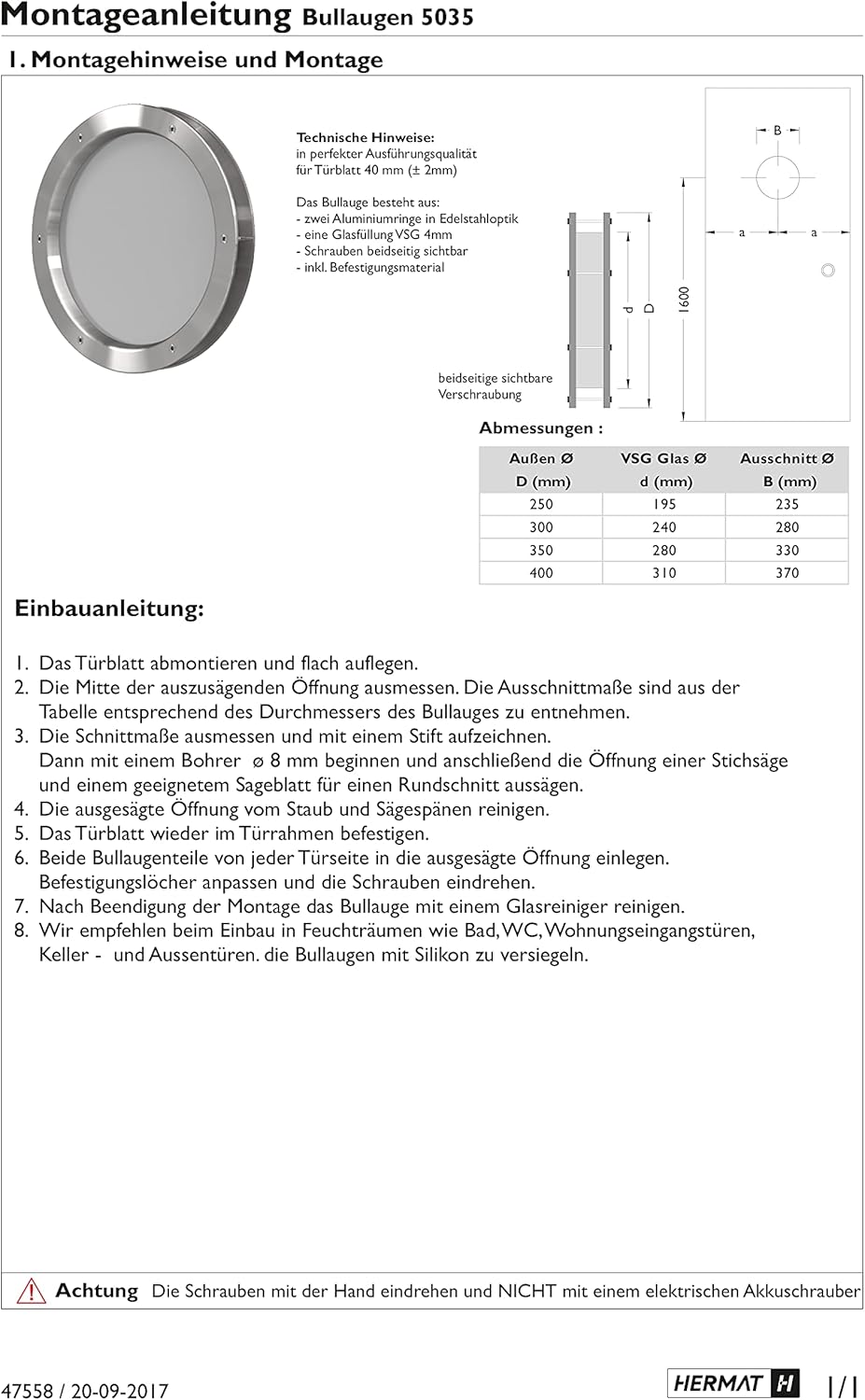 Bullauge 40 cm Aluminium Edelstahl-Optik, VSG satiniert, sehr hochwertig, Rundfenster