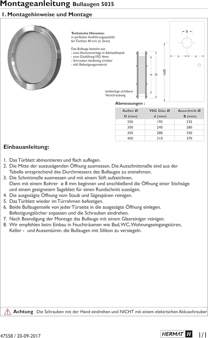 Bullauge 40 cm Aluminium Edelstahl-Optik, VSG satiniert, sehr hochwertig, Rundfenster
