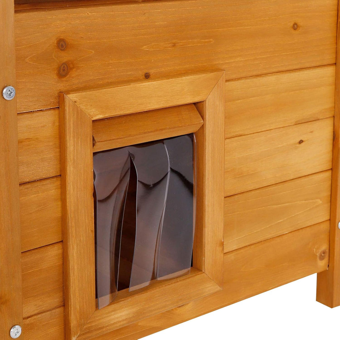 lionto Katzenhaus mit Terrasse und Treppe, Outdoor Lodge für Katzen aus robustem Holz bietet Schutz