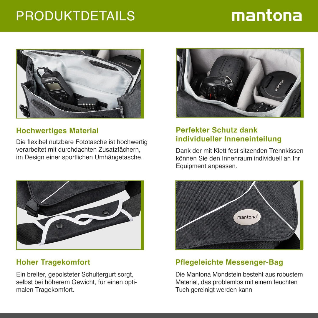 Mantona 111061 Mondstein SLR-Kameratasche (Messenger Bag, Universaltasche) schwarz/weiss
