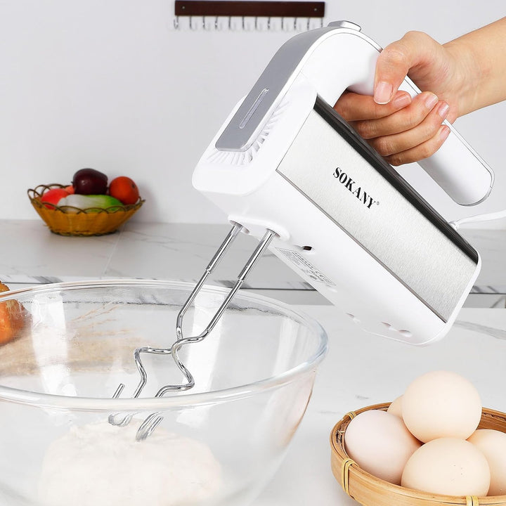 SOKANY 800W Handrührgerät Edelstahlkneter Handmixer, 5 Geschwindigkeiten mit Exit-Taste, Handrührer