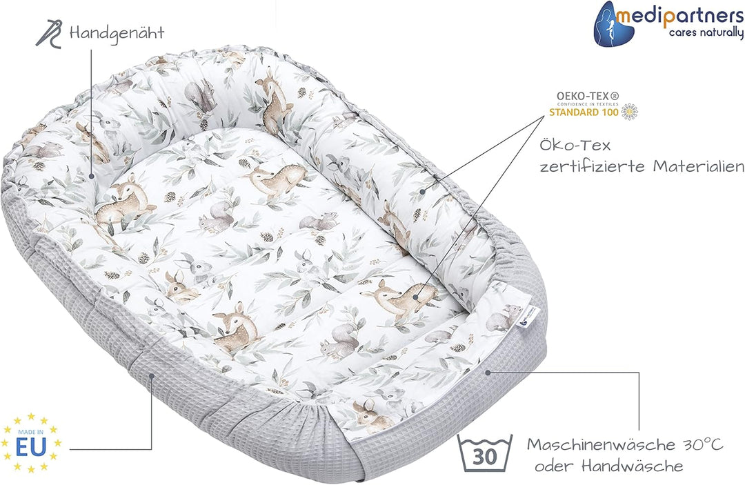 Medi Partners Babynest Kuschelnest Babynestchen 100% Baumwolle Waffle Nestchen Reisebett für Babys S
