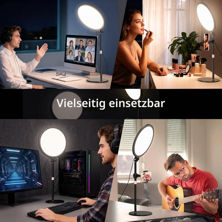 LUXCEO Key Light,10" Selfie Licht Set mit Ständer und Telefonhalter,10W 3000-6000K Dimmbares Vollbil