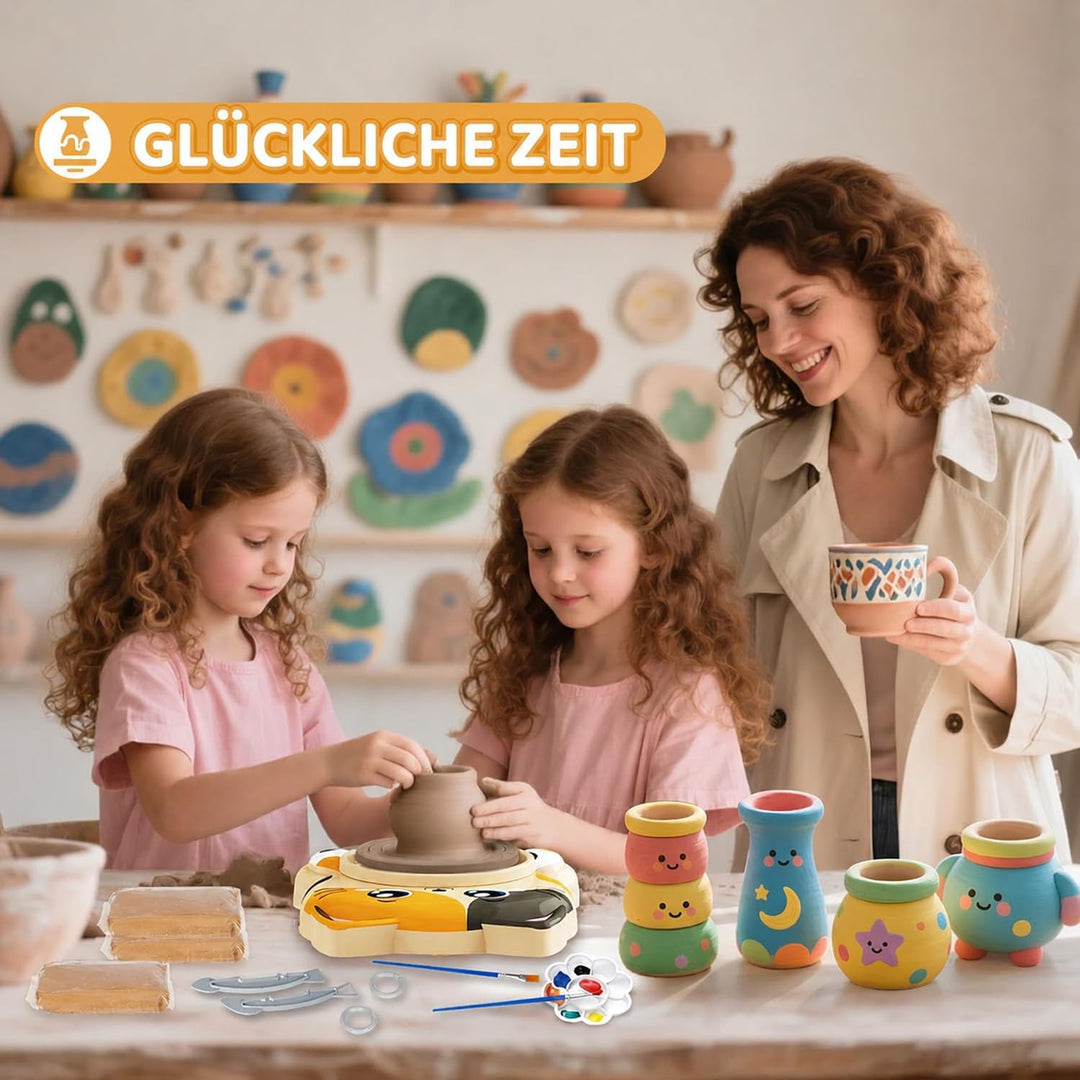 Töpferscheibe für Kinder – Komplettes Töpferstudio Set für Anfänger, Bastelset ab 8-12 Jahren mit 3x