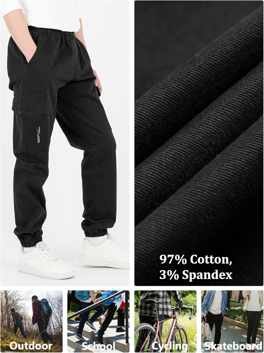 CAMLAKEE Kinder Jungen Cargohose Jogger Hose mit elastischem Bund 128-134 Schwarz, 128-134 Schwarz