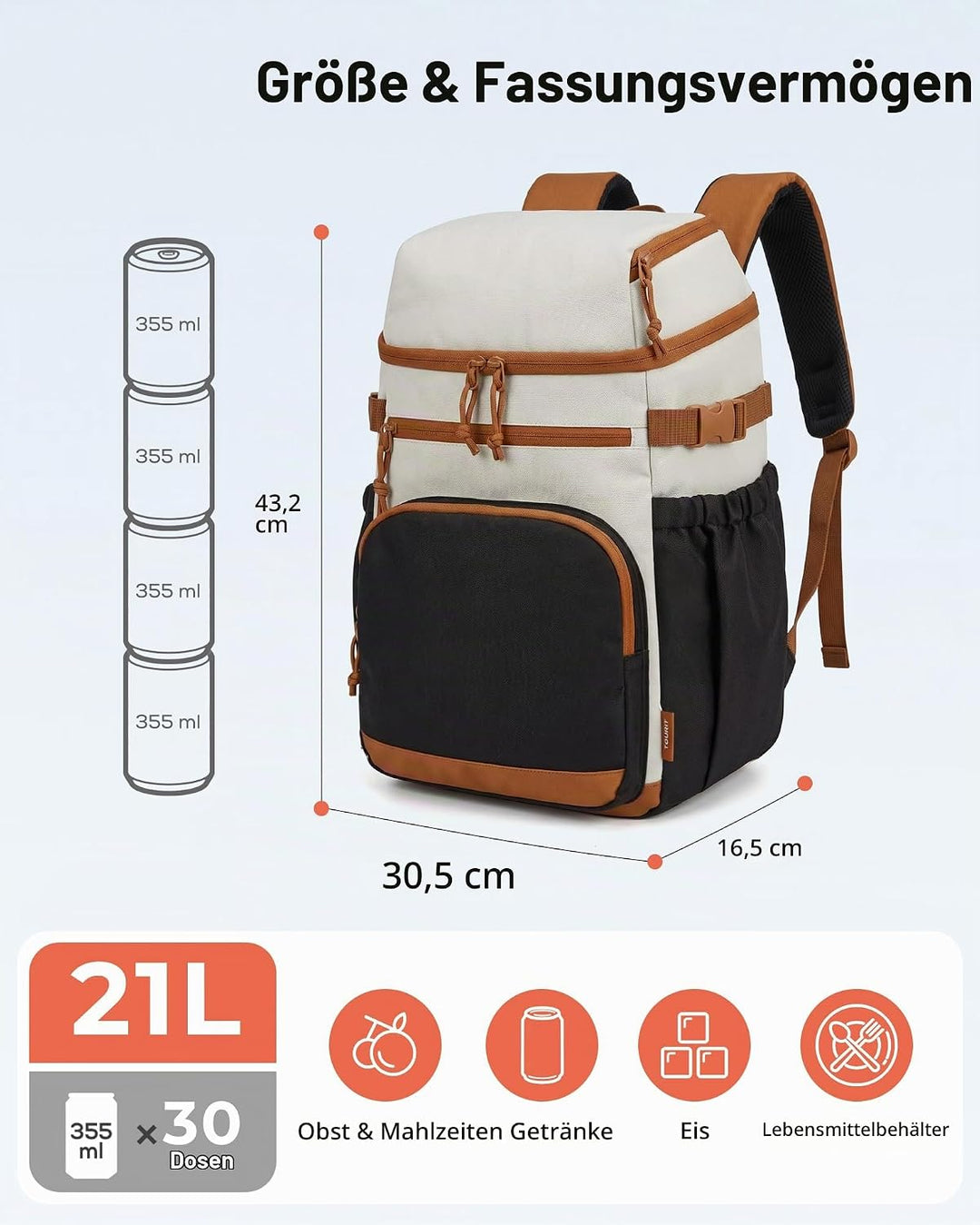 TOURIT Isolierter Kühlrucksack 30 Dosen, Auslaufsichere Lunch Kühltasche mit Zwei Fächern Leichter,