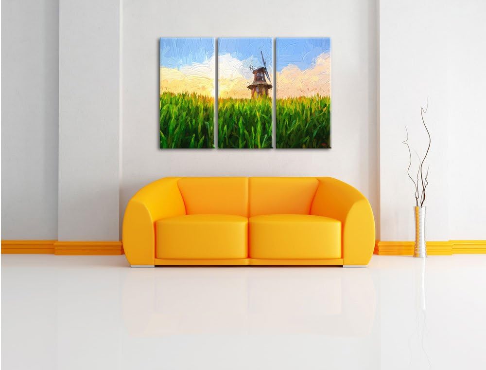 Pixxprint Windmühle auf dem Feld als Leinwandbild/Grösse: 3 Teilig (120x80) cm/Wandbild/Kunstdruck/f