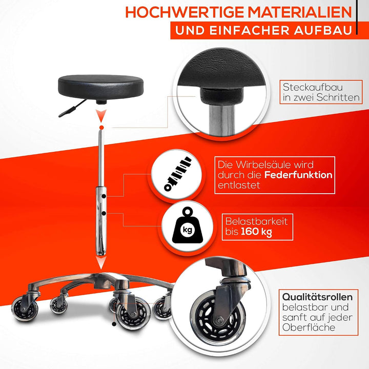 VAKON SALON - Rundocker auf hochwertigen Rollen - höhenverstellbarer Drehhocker 50-65 cm, Rollhocker