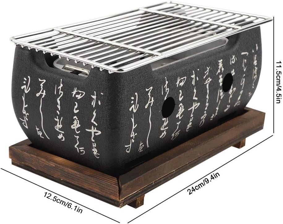 Japanischer BBQ Grill Mini Holzkohle Tischgrill mit Backblech Drahtgitter und Holzbasis, 24 x 12,5 x