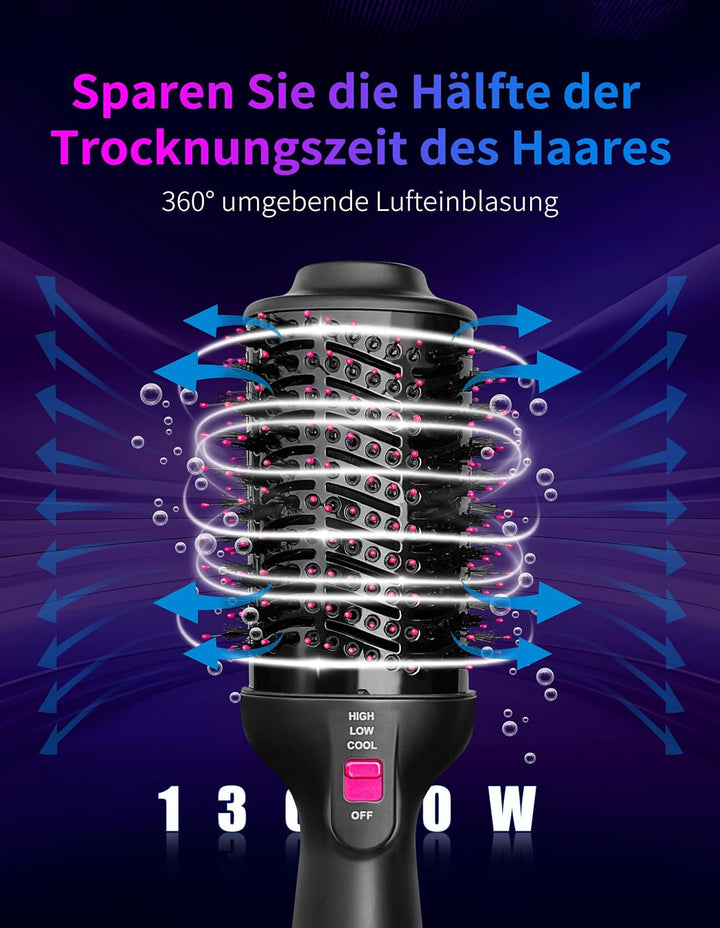 1300W Warmluftbürste, 4-in-1 Föhnbürste mit Antifrizz-Effekt, Keramik-Titan-Zylinder – Salon-Heisslu