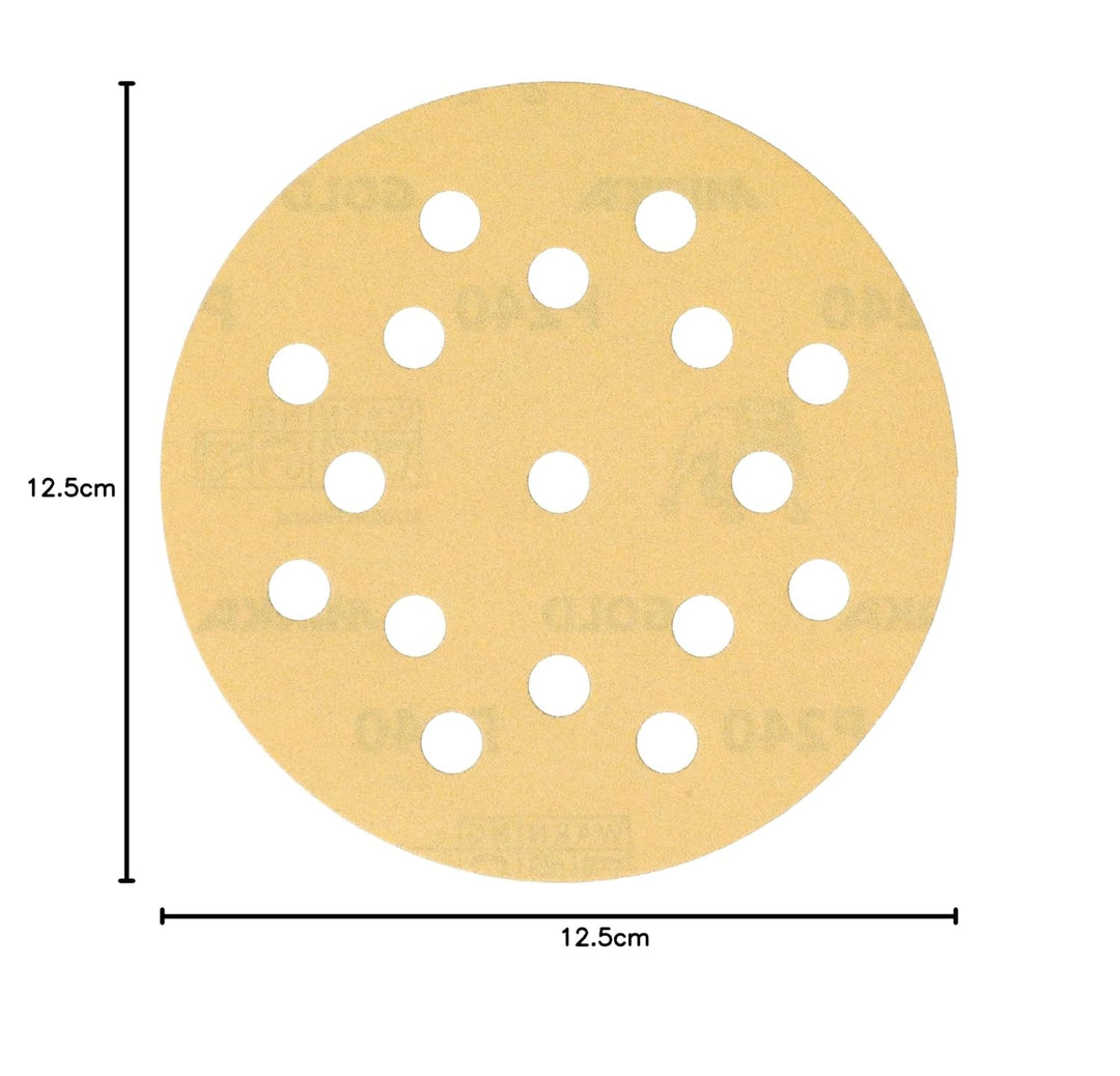 Mirka Gold Universal-Schleifpapier Ø 125mm Klett 17-Loch, Korn P240, 100 Stk / Zum Schleifen von Gip