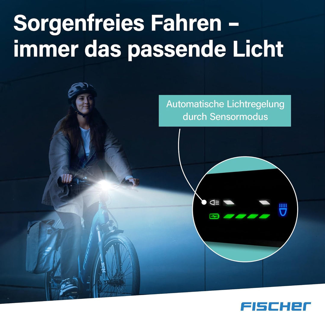 FISCHER Fahrrad LED-Frontlicht 100 Lux Fernlicht, mit Sensormodus, spritzwassergeschütztes Gehäuse,