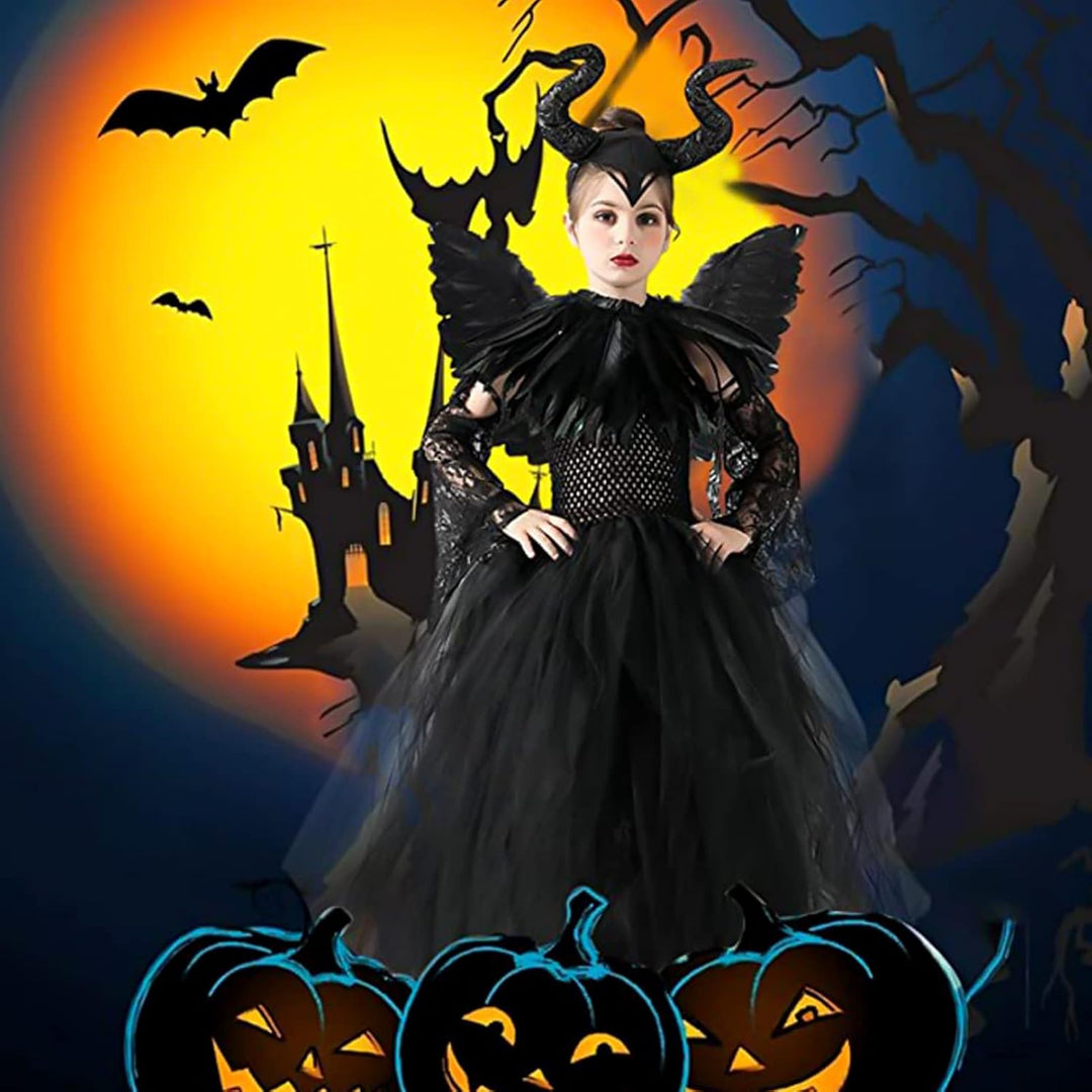 AMOBON Maleficent Kostüm Set für Kinder, Mädchen Böse Königin Kleid mit Hörner Kopfschmuck und Schwa