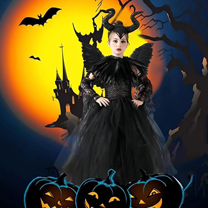 AMOBON Maleficent Kostüm Set für Kinder, Mädchen Böse Königin Kleid mit Hörner Kopfschmuck und Schwa