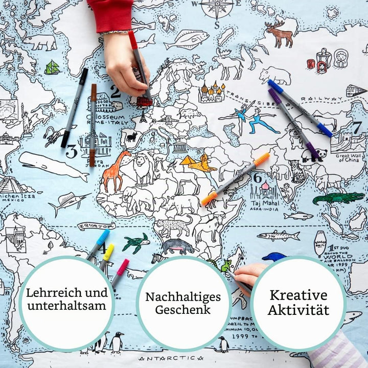 Eatsleepdoodle Weltkarte-Tischdecke zum Ausmalen, spielerisches Lernen, waschbar und wiederverwendba