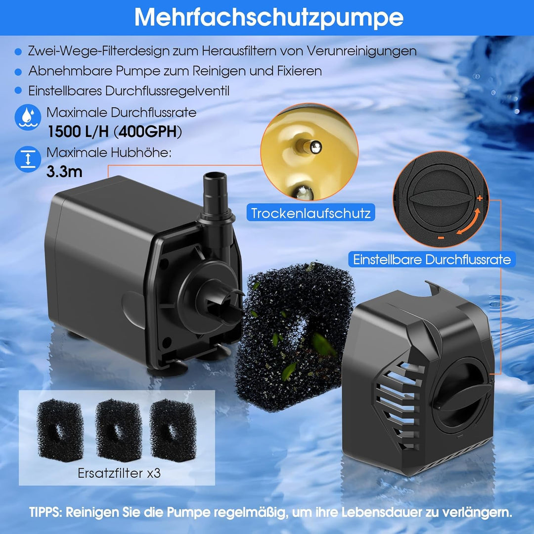 Biling 35W 1500l/h Solar Springbrunnen ohne Akku für Aussen Teiche bis 3000L, 35W