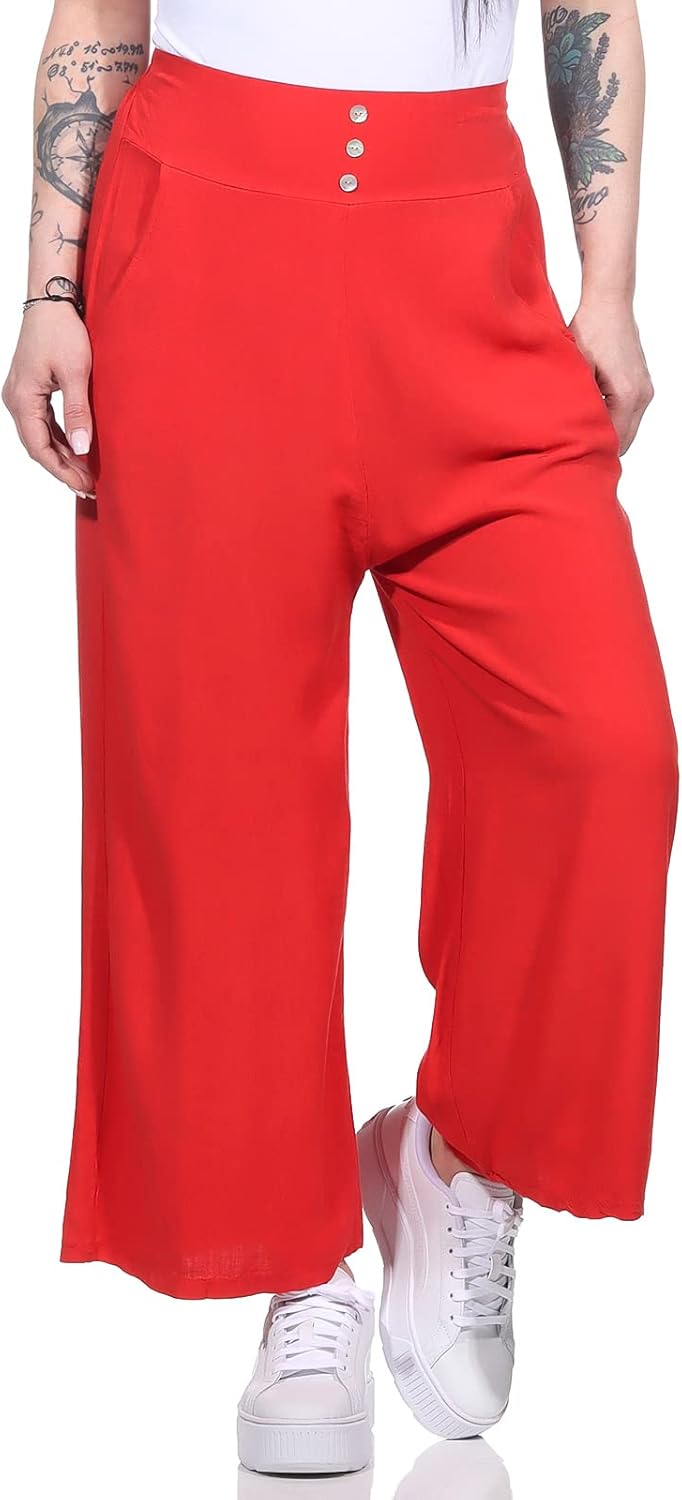 Damen Hose Marlenehose Palazzo luftige Sommerhose Boho Hippie 7/8 Schlaghose, 36-40 Rot