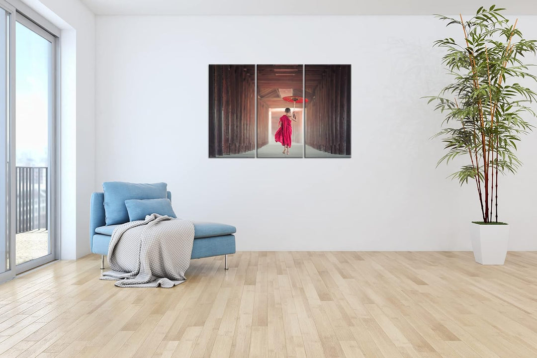 deyoli Junger Mönch im roten Gewand Format: 3-teilig 120x80 als Leinwand, Motiv fertig gerahmt auf E