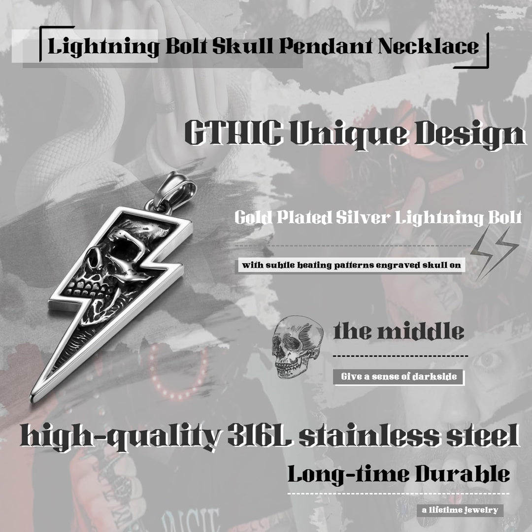 GTHIC Herren Edelstahl Retro Totenkopf Anhänger Halsketten Silber Gold Lightning Bolt Biker Schmuck