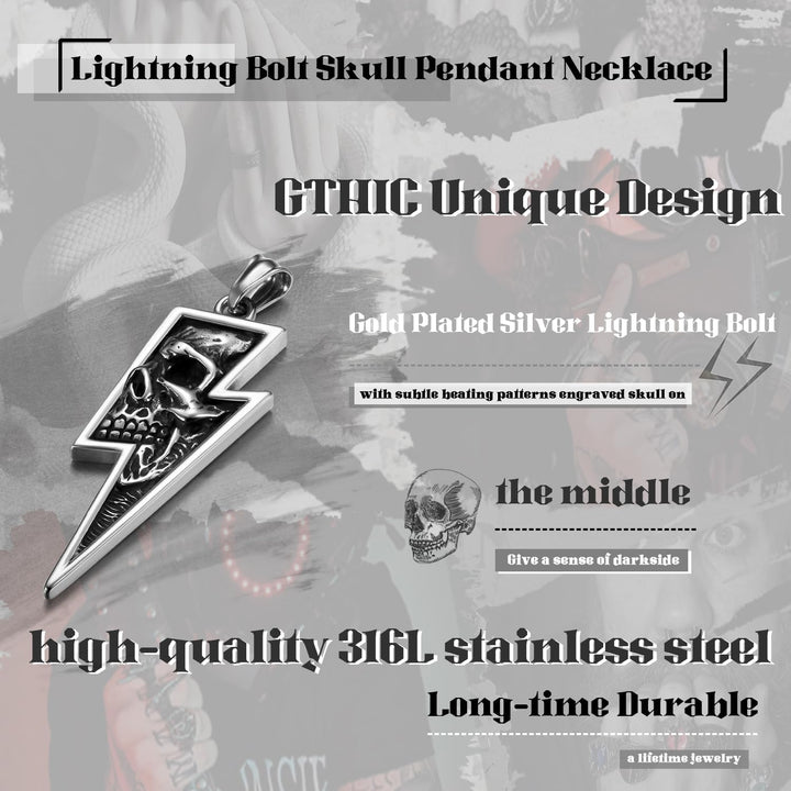 GTHIC Herren Edelstahl Retro Totenkopf Anhänger Halsketten Silber Gold Lightning Bolt Biker Schmuck