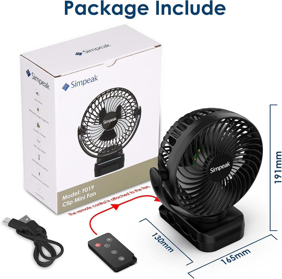 Simpeak 8000mAh Camping Ventilator Tischventilator, Mini USB Ventilator leise, Clip Fan mit Fernbedi