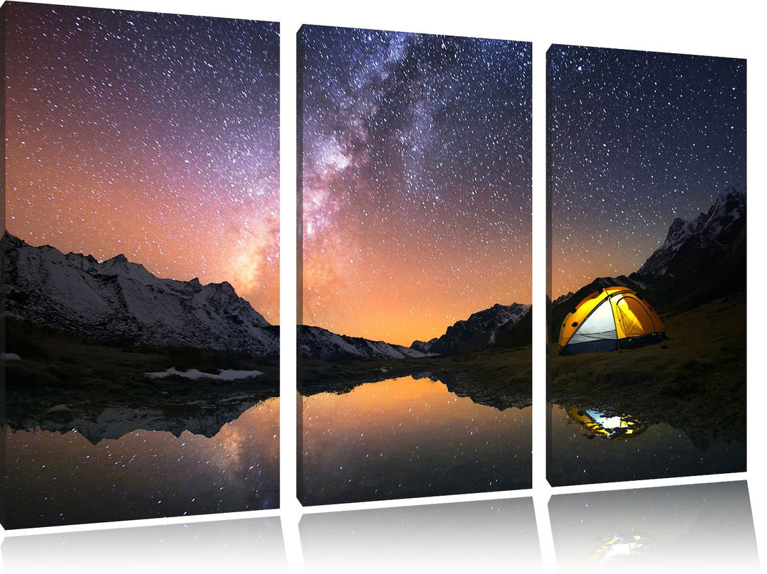 Pixxprint Zelten unter tausenden Sternen als Leinwandbild | Grösse: 3 Teilig (120x80) | Wandbild| Ku