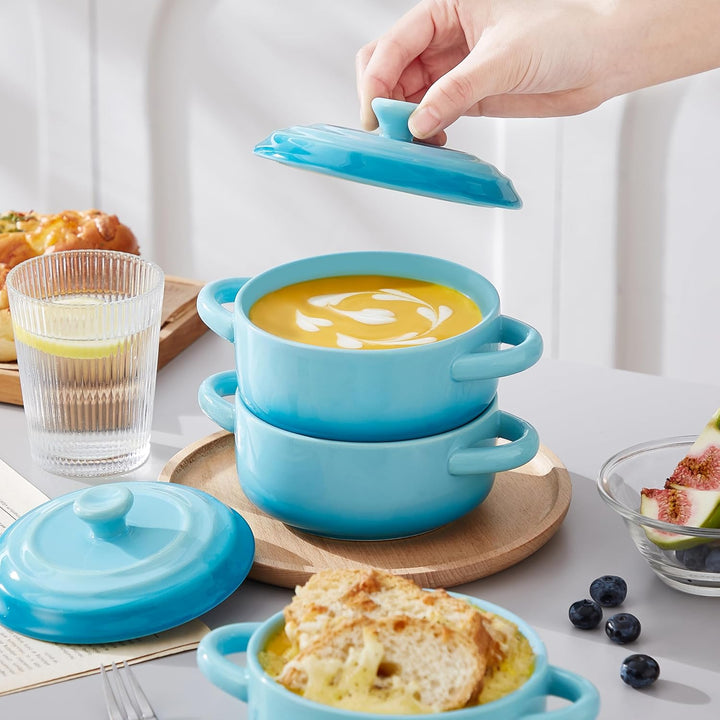 LOVECASA Kleine Auflaufform aus Steinzeug, 4 x 380 ml Mini-Cocotte mit Deckel, Souffle Förmchen Back