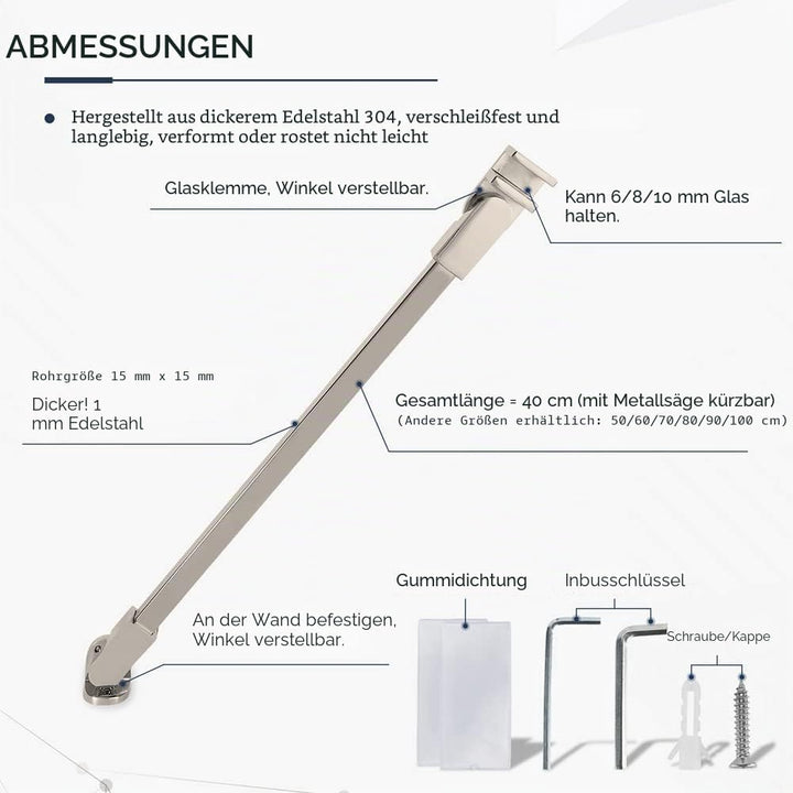 40 cm Edelstahl rahmenlose Dusche Tür Feste seitenwandplatte wall-to-glass Unterstützung Bar für 6mm
