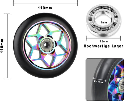 MaxEarn 2 Stück Scooter Ersatzräder 110 mm, Bunt Stunt Scooter Rollen mit ABEC-9 Kugellager, Härtegr