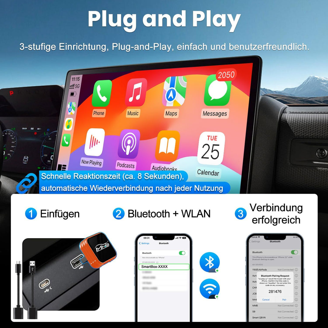 MMB Wireless CarPlay Adapter, kabelgebundenes Mühelos In kabelloses CarPlay um,Geeignet Für Fahrzeug
