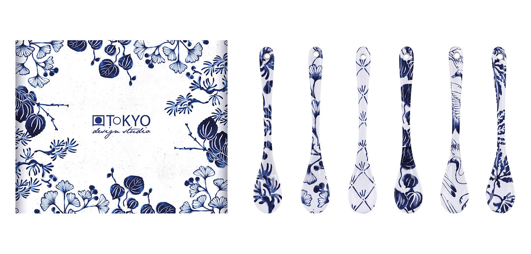 TOKYO design studio Flora Japonica 6-er Löffel-Set blau-weiss, 13 cm lang, asiatisches Porzellan, Ja