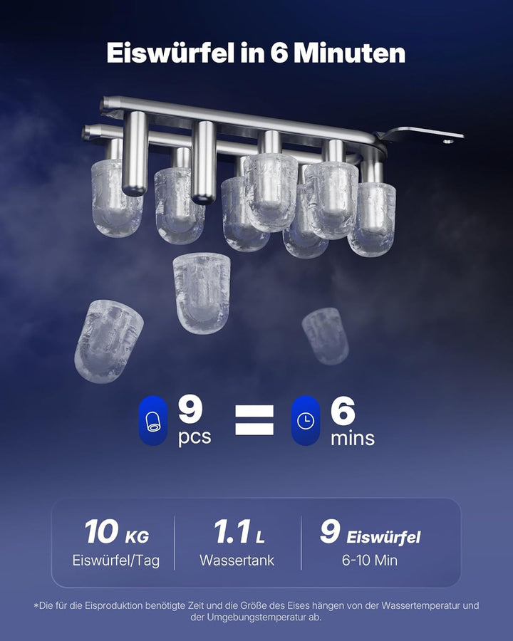 Upstreman Eiswürfelmaschine mit LED, 9 Eiswürfel in 6-8 Min, Eiswürfelmaschine Klein 2 Eisgrössen, D