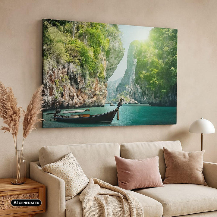 Bilder auf Leinwand 100x70cm Leinwandbild Boot Klippen Natur Felsen Gross Wanddeko Bild Schlafzimmer