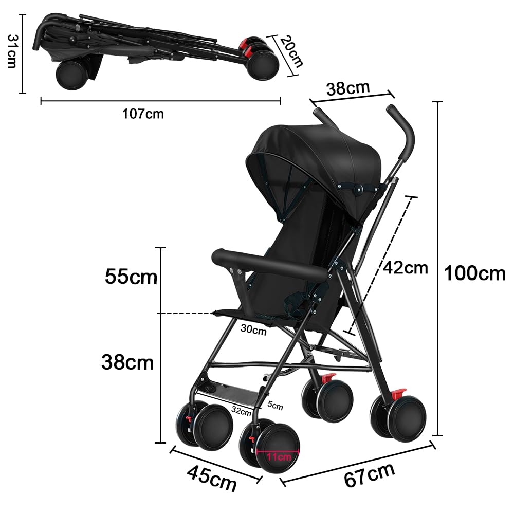 Kinderbuggy, Kinderwagen Zusammenklappbar, Reise-Kinderwagen mit Wattepads und Moskitonetzen (Schwar