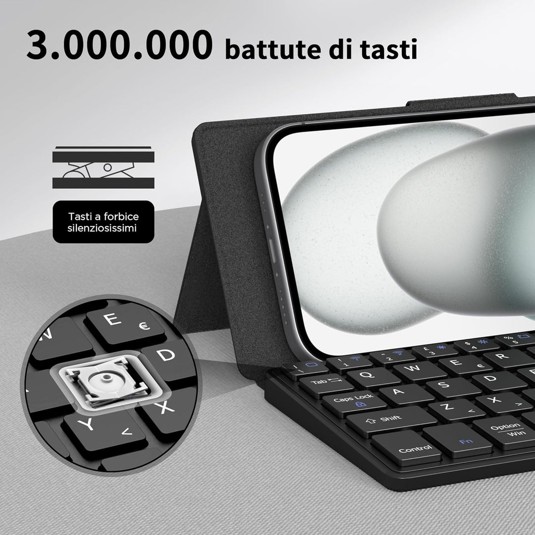CACOE Mini Bluetooth Tastatur mit Ständer für Handy, Ultraflache Tragbare, Faltbare, Dual-Channel QW