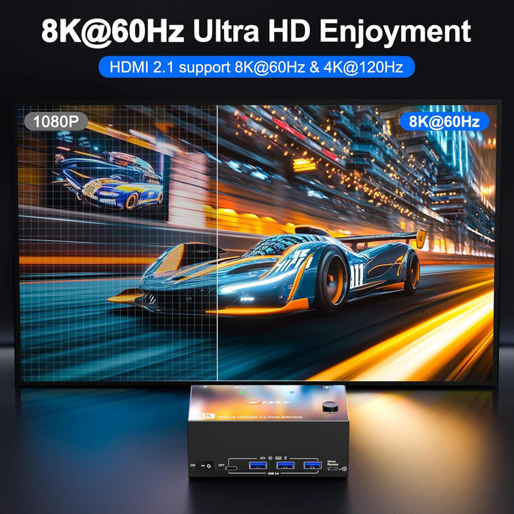 USB 3.0 KVM Switch 2 PC 3 Monitore HDMI 8K@60Hz 4K@144Hz, Triple Monitor KVM Switch HDMI 2.1 Teilen