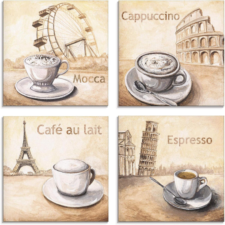 ARTland Glasbilder Wandbild Glas Bild Set 4 teilig je 20x20 cm Quadratisch Kaffee Cafe Coffee Cappuc