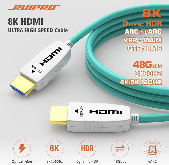 RUIPRO HDMI 2.1 Glasfaserkabel 10M, 48 Gbit/s, 8K@60Hz, 4K@120Hz, Dynamic HDR, eARC, Dolby, HDCP 2.2