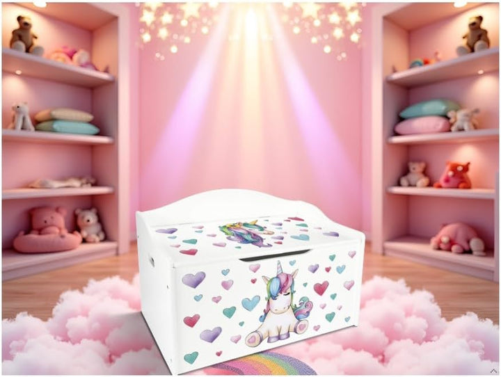 Leomark Kinderbank Hölzerne - Unicorn - Kindertruhenbank, Behälter für Spielzeug, Truhe für Kinderzi