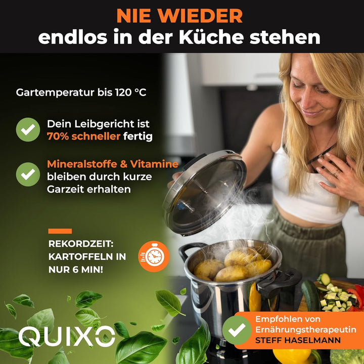 QUIXO Schnellkochtopf Set 6L + 4L VitaSmart mit Garkorb + Glasdeckel + Kochzeitsignal für alle Herda