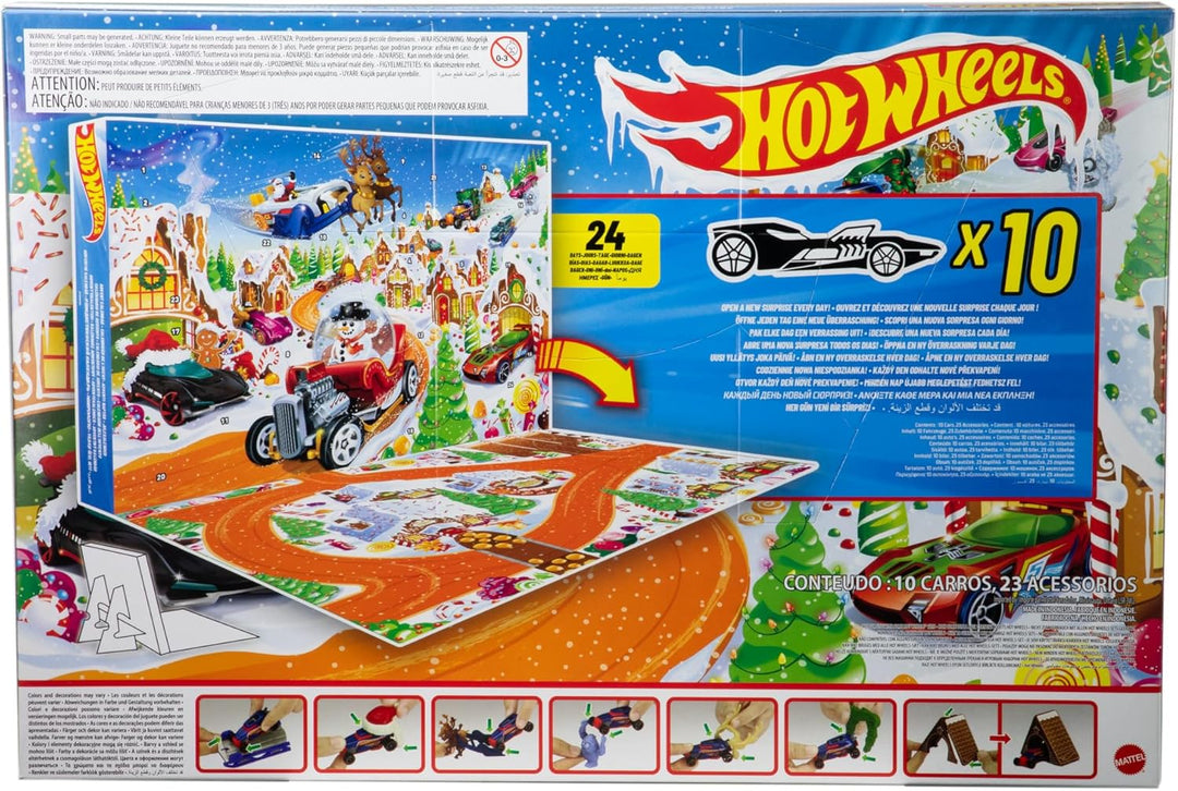 Hot Wheels Spielzeugautos und Spielset, Adventskalender 2025 mit 10 Fahrzeugen im Massstab 1:64, 10