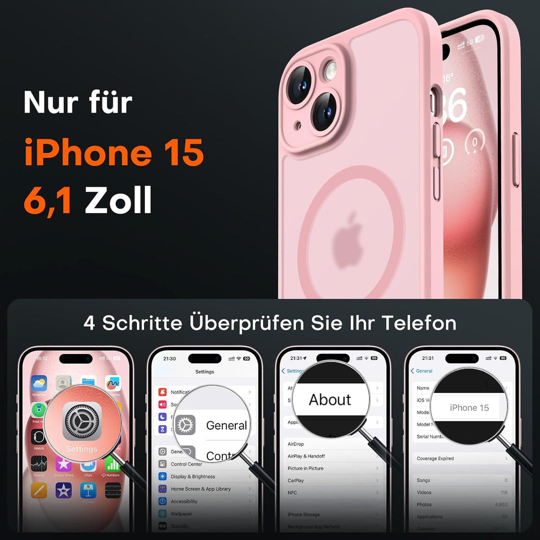 TOCOL für iPhone 15 Hülle für Magsafe, Vollständiger Kameraschutz Stossfest Kratzfest Transluzente R