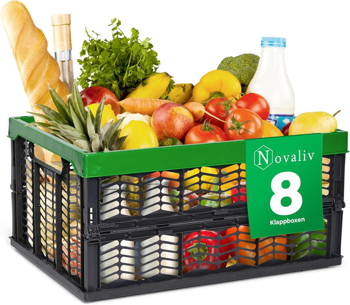 Novaliv Klappboxen faltbar stabil 8x 30L Grün Schwarz baskets Einkaufskiste Klappkisten Set Tragebox