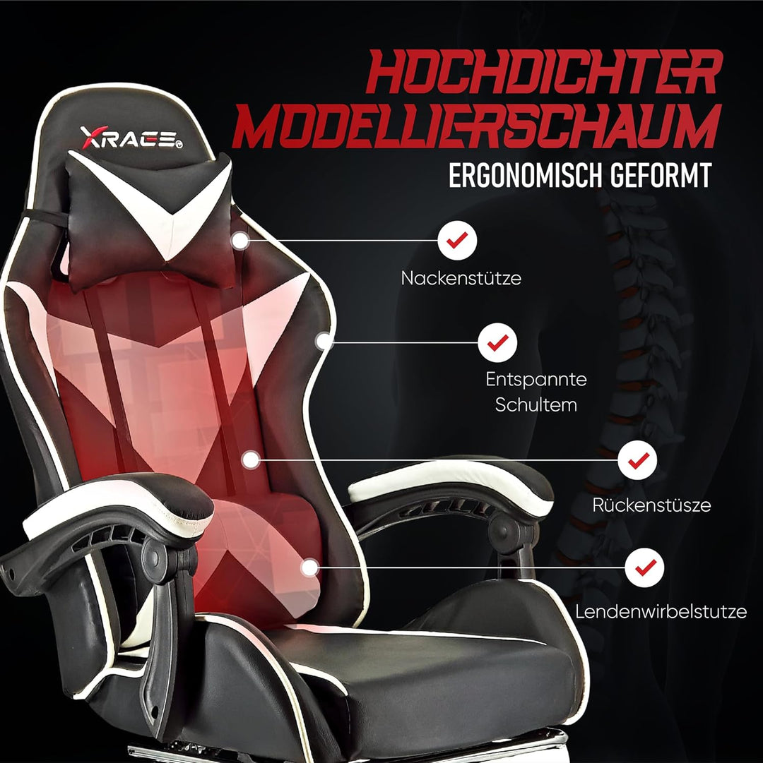 xRace Gaming-Stuhl Hoher Drehstuhl aus Leder mit Lendenwirbelstütze, Kopfstütze und Fussstütze, vers
