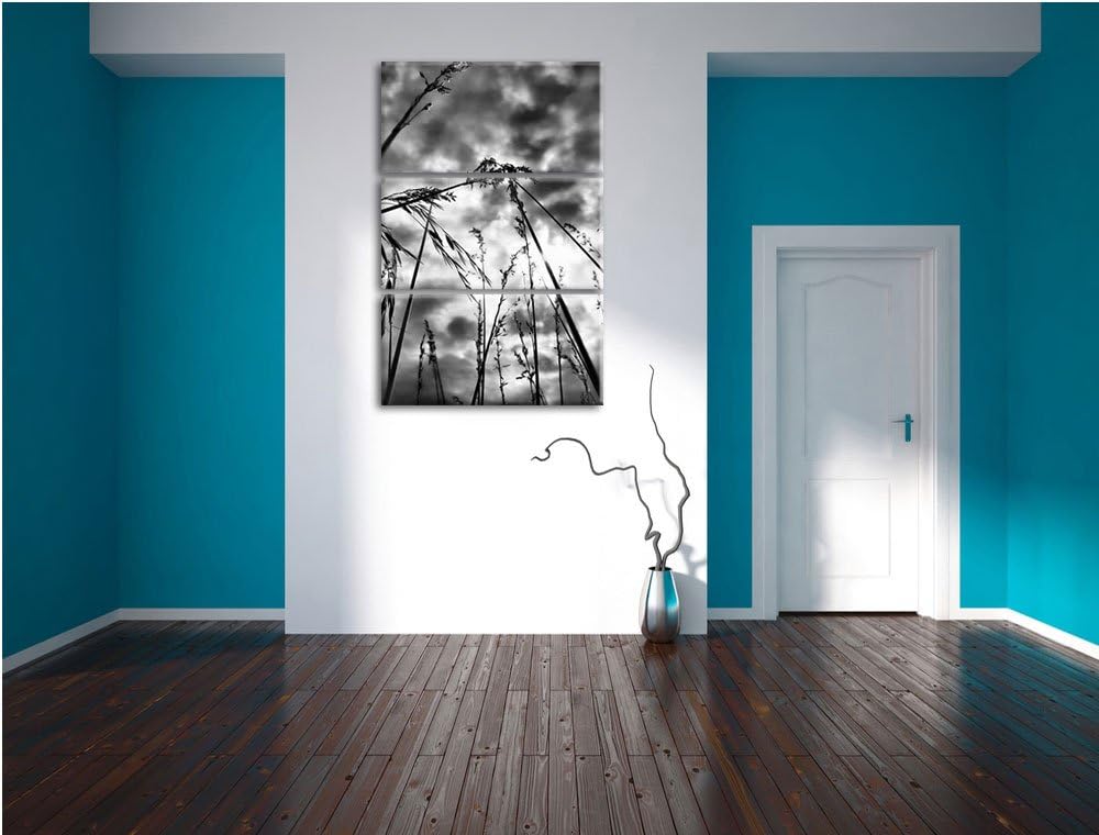 Pixxprint Monocrome, Grashalme mit dunklem Himmel 3-Teiler Leinwandbild 120x80 Bild auf Leinwand