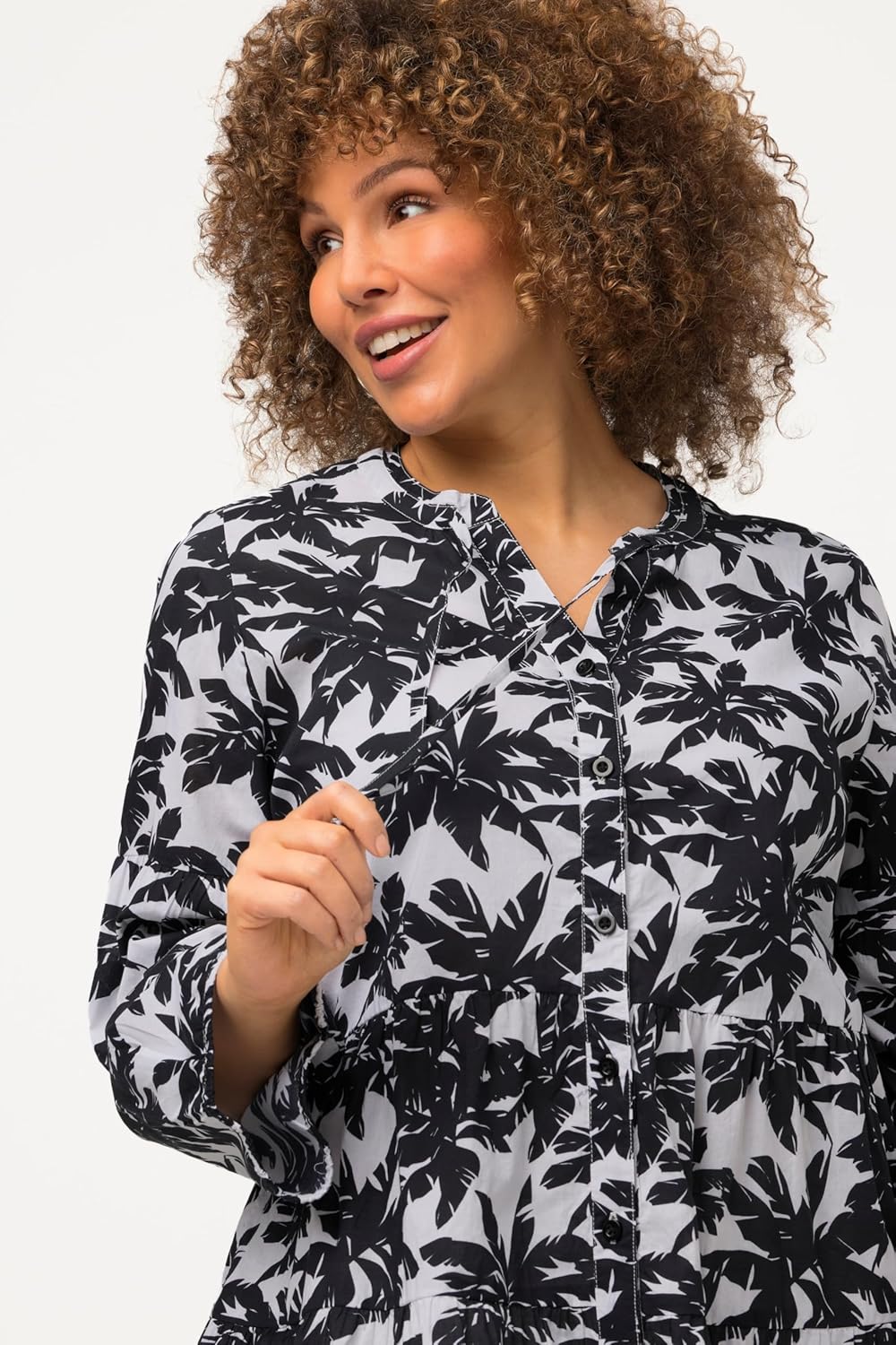 Ulla Popken Damen grosse Grössen Übergrössen Plus Size Tunika, Palmen, A-Linie, Volants, Rundhals, L